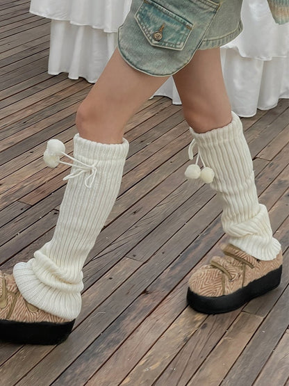 White/Beige/Light Grey/Black 50CM/70CM/90CM Knitted Leg Warmers With Pompons