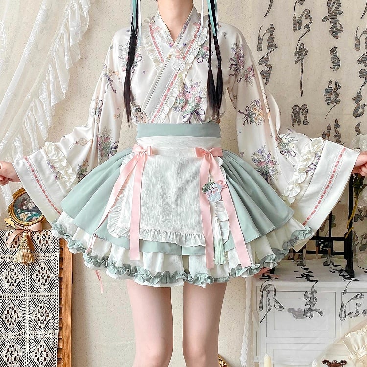 Light Green Herbal Medicine Crossover Neckline Top + Skirt Han Lolita Set