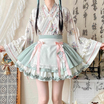 Light Green Herbal Medicine Crossover Neckline Top + Skirt Han Lolita Set