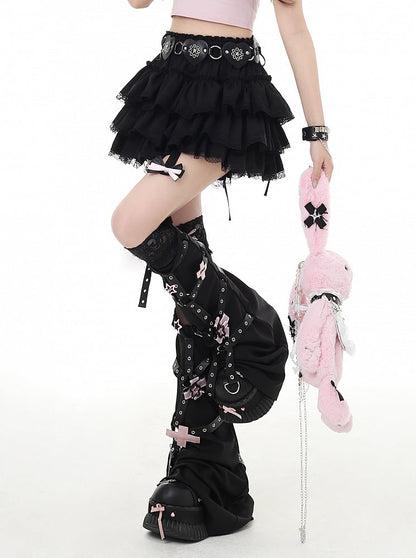 Y2K Red/Pink/Black Lace Trim Glamorous Tiered Skirt with Detachable Bowknot