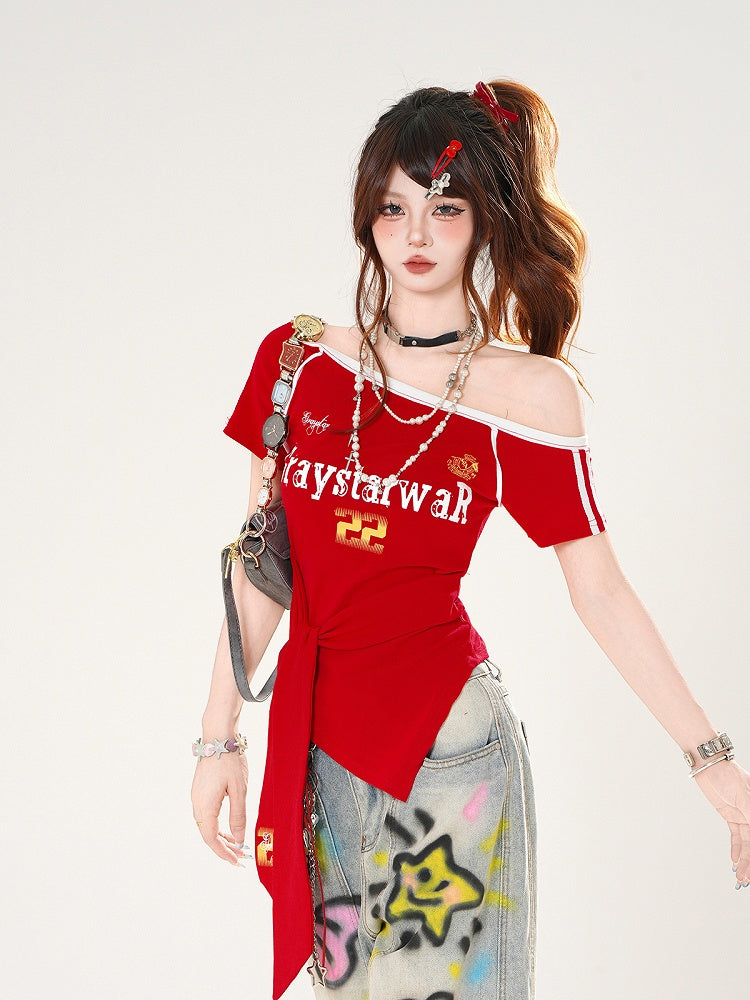 Red/Blue Asymmetrical Neckline Blokette Core T-shirt Self-tie Straps at Waist