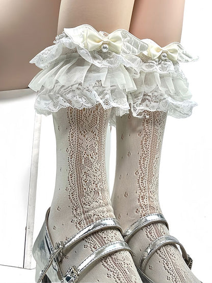 Beige Beaded And Wings Decorated Bowknot Lace Trim Lolita Calf Socks