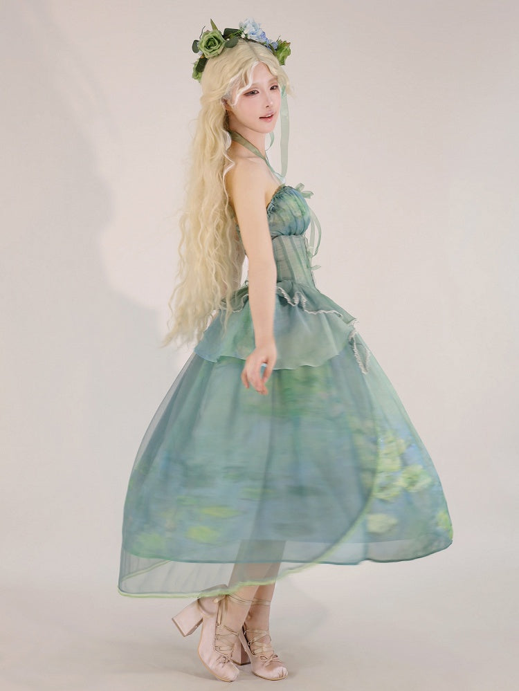 Green Fairy Oil Painting Print Tiered Flounce Hem Halter Boned Corset Top