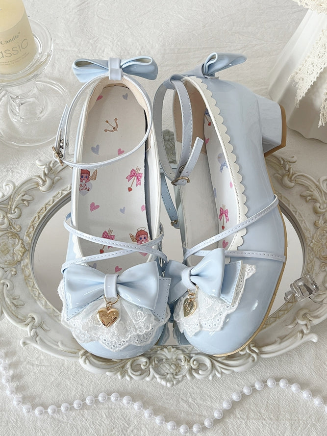 Baby Blue Heart Charm Bow at Top Lace Trim Crisscross Design Lolita Shoes