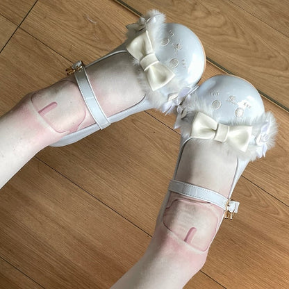 Blue Bowknot Details Plush Bunny Ear Sweet Lolita Round Toe Shoes With Bunny Buckle Strap