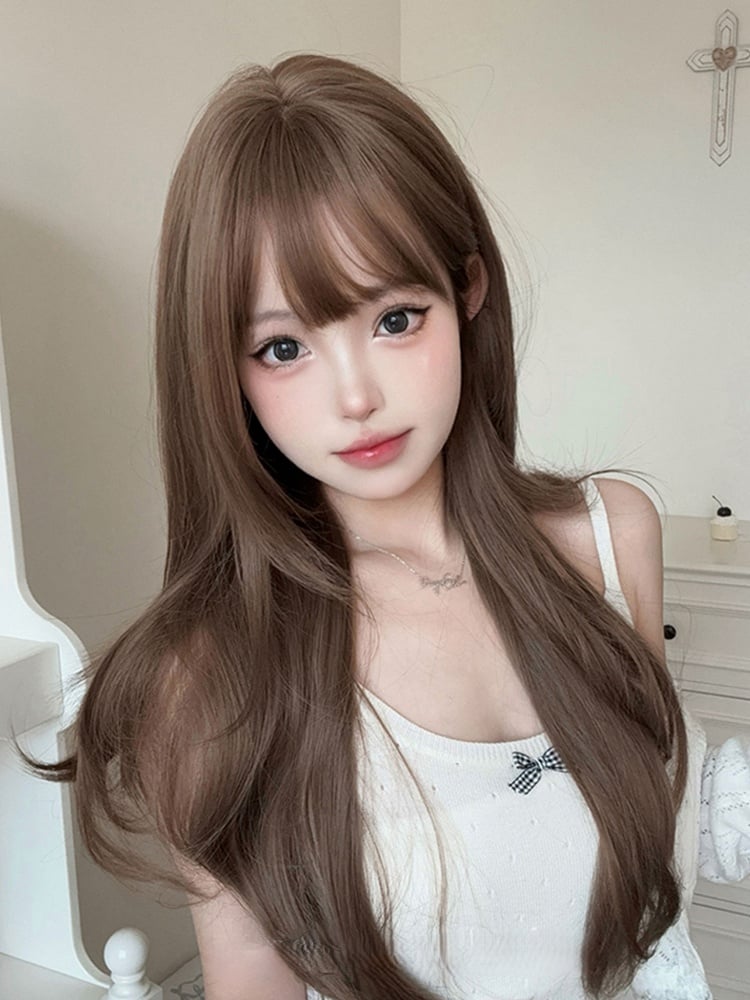 Light Brown 72CM Length Wavy Wig With Air Bangs