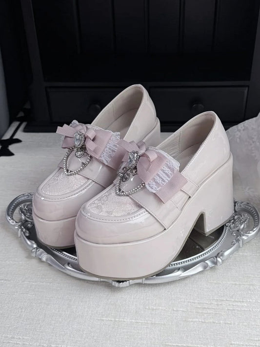 Jirai Kei Dusty Pink Platform Shoes: 9.5cm Block Heel with Top Bow & Heart Rhinestone