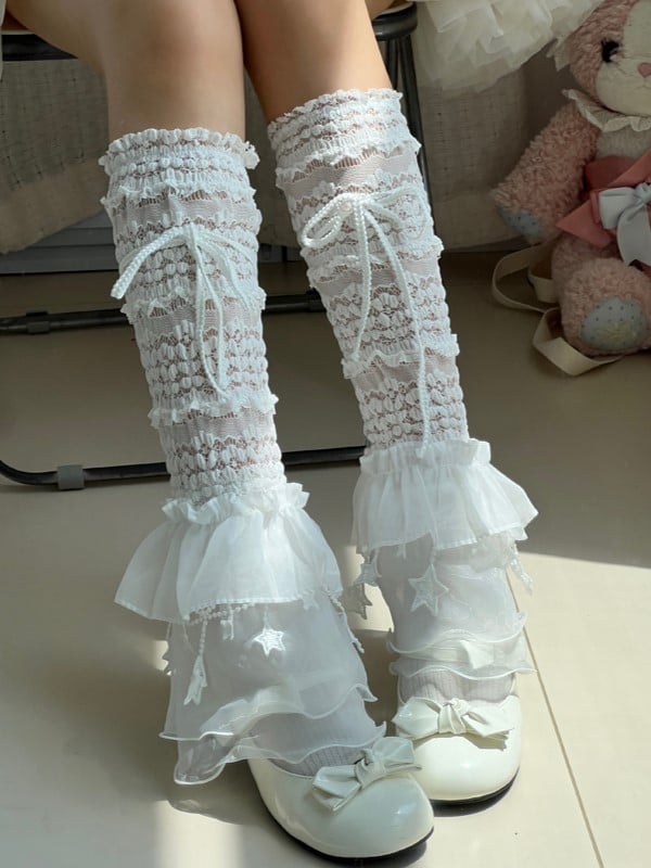 Black/White Y2K Floral Pattern Ruffled Cuff Star Charms Leg Sleeves