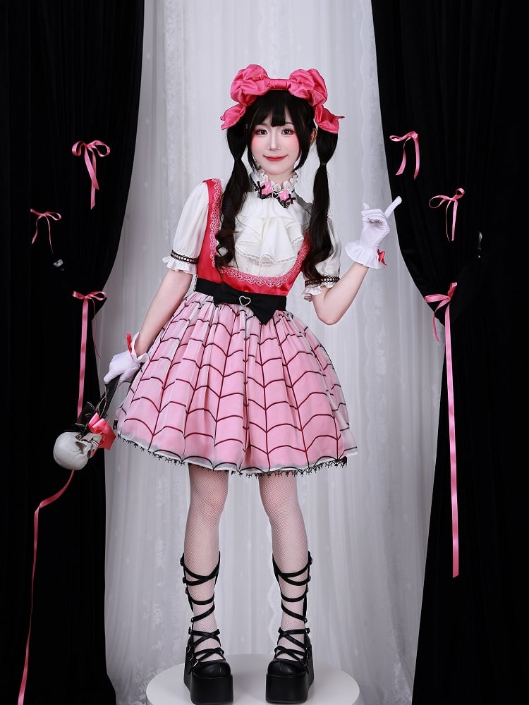 Fanart Fashion Hot Pink Cute Under Bust Dress Spider Web Print Overlay Skirt