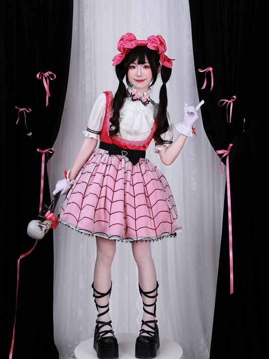 Fanart Fashion Hot Pink Cute Under Bust Dress Spider Web Print Overlay Skirt