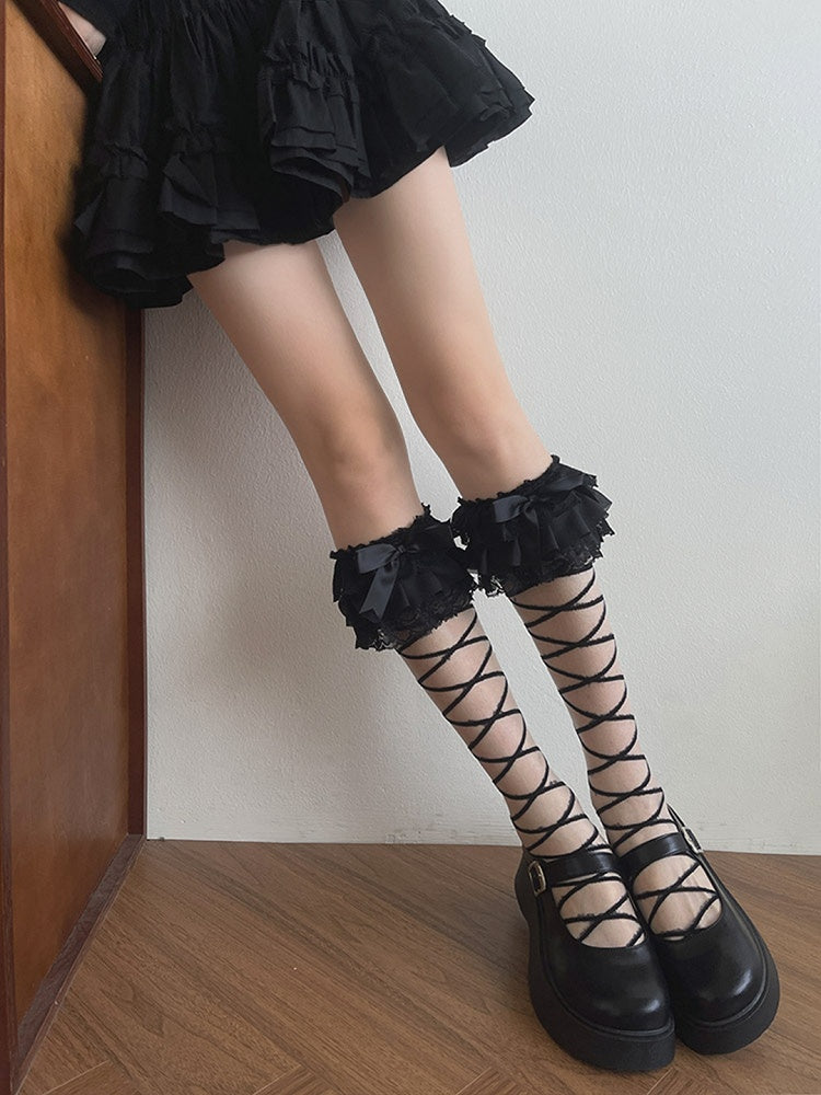 White/Black Bowknot Details Crisscorss Banded Underknee Stockings
