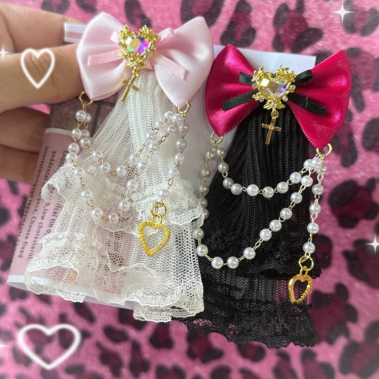 White&Pink/Black&Pink Beaded Charm BJD Doll Bowknot Hairclip With Veil