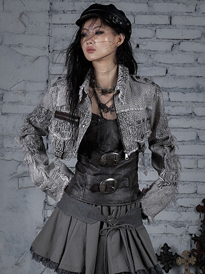 Brown Wasteland Punk Skeleton And Buckle Decorated Stripes Pattern Cropped Jacket