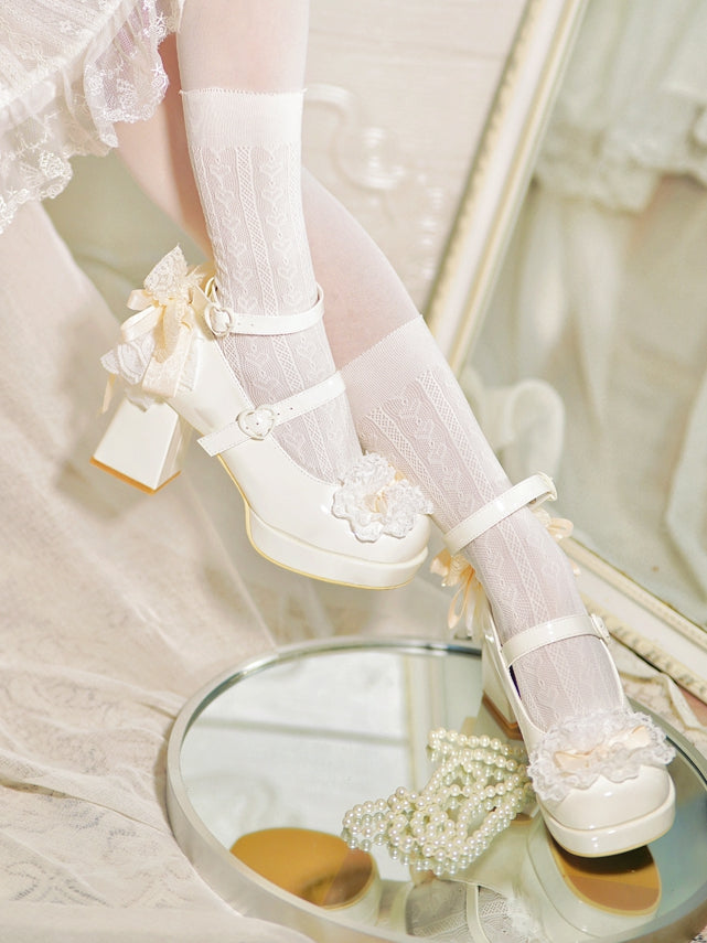White Knotted Bow at Top Lace Trim Heart Buckles High Block Heels