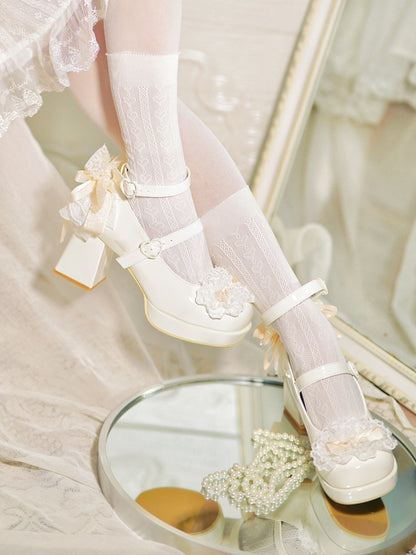 White Knotted Bow at Top Lace Trim Heart Buckles High Block Heels