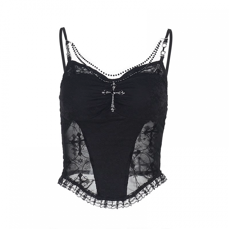 Black Lace Patches Waist Cross Decorated Cami Top with Beaded Chains