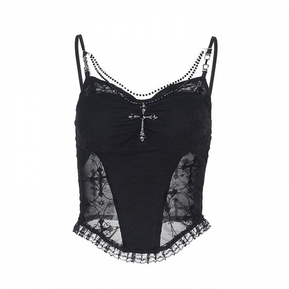 Black Lace Patches Waist Cross Decorated Cami Top with Beaded Chains