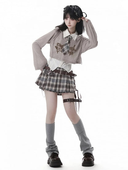 Y2K Lace-up Detail Black & White/ Khaki Plaid Skort with Buckle Belt and Chain