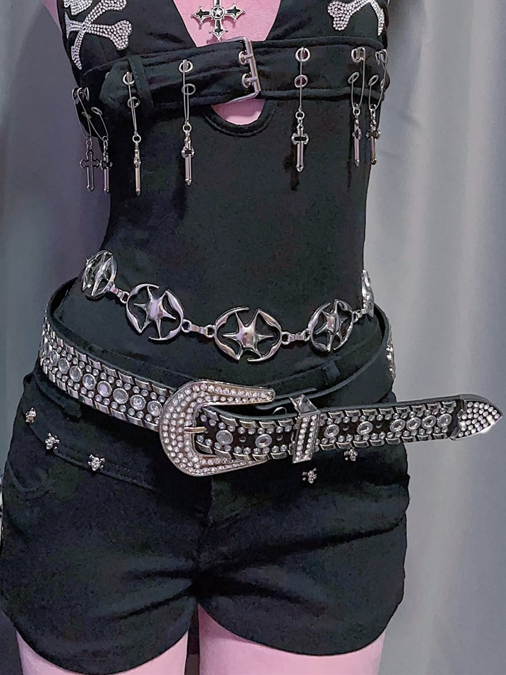 Black/White Punk Rhinestone Decorated Studs Details Waist Belt