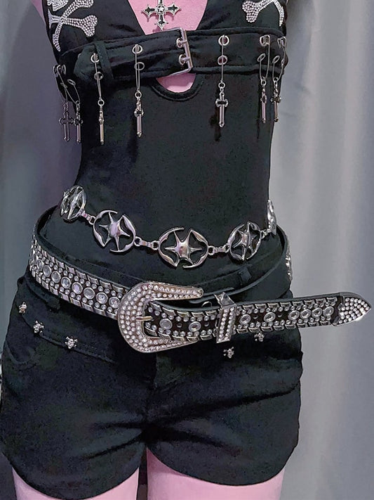 Black/White Punk Rhinestone Decorated Studs Details Waist Belt