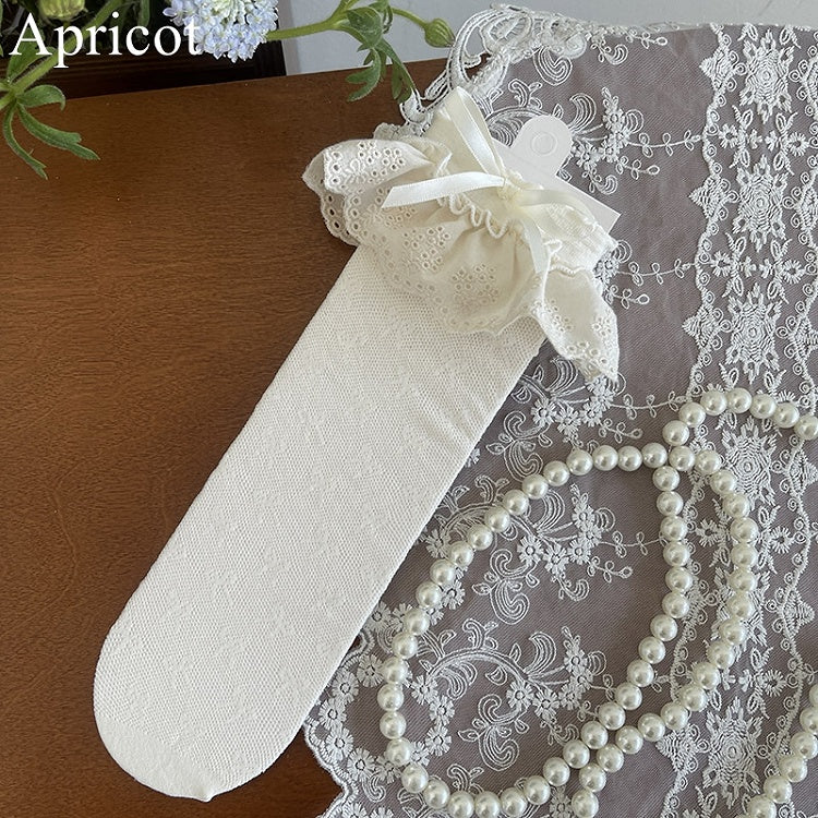 Black/White/Apricot Bowknot Details Lace Trim Hollow-out Socks
