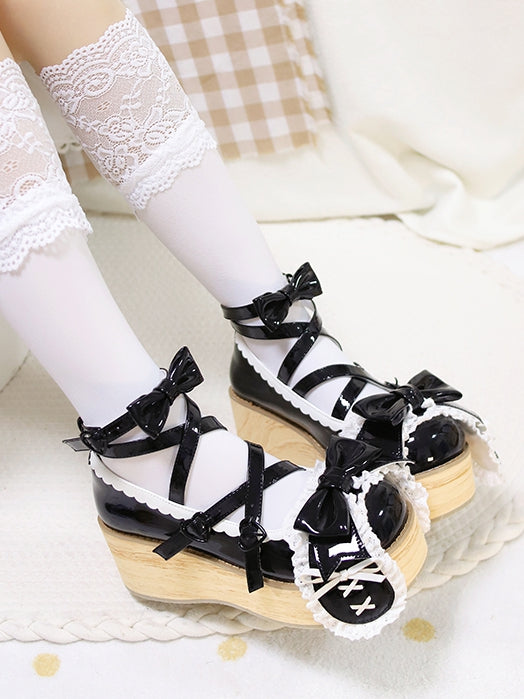 Polished Black Bunny Ear Bowknot Old School Sweet Lolita Platforms