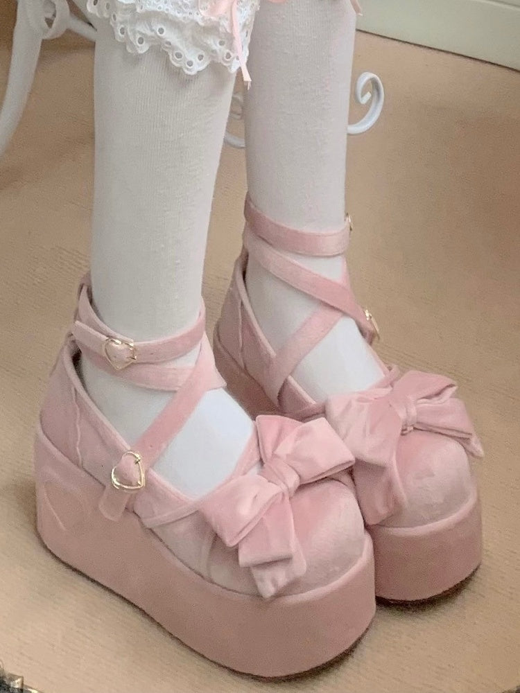 Velvet Pink Sweet Lolita Platforms - Bow Accents, Crisscross Straps & Heart Buckle