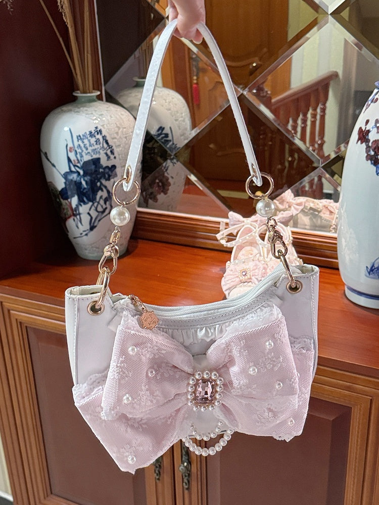 Sweet White Lolita Shoulder Bag in Satin - Rhinestone & Beads Embellished Lace Bow