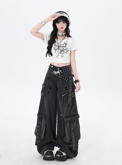 Black Low Rise Distressed Holes Wide-leg Cargo Jeans