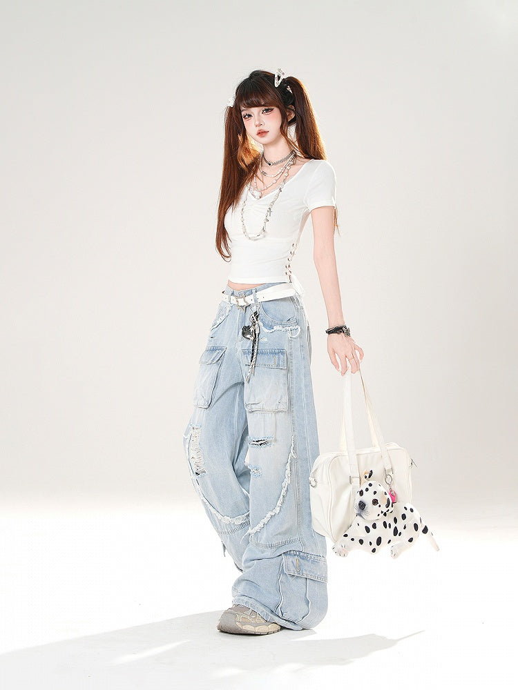 Black/Blue Low Rise Distressed Holes Raw Hem Wide-Leg Cargo Jeans