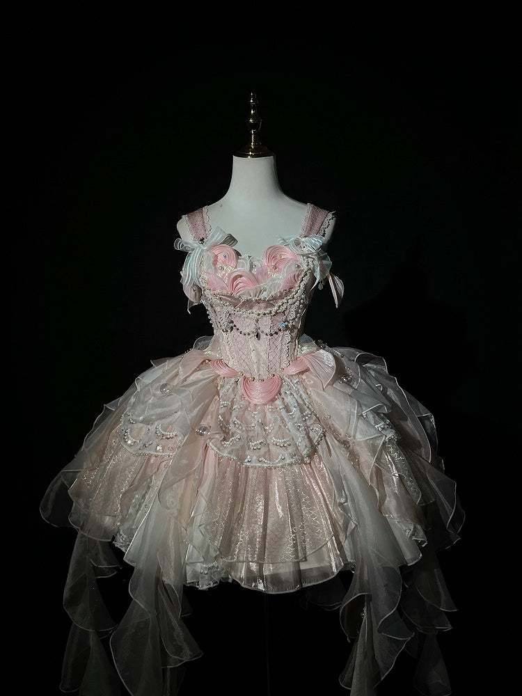 Light Pink Bead and Sequins Details Cascading Ruffle Accents Princess Lolita JSK Full Set