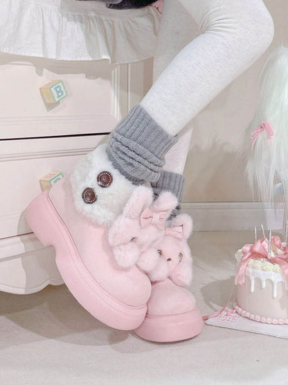 Plush Bunny Embellishments & Fleece Lining Pink Winter Boots in Sweet Lolita