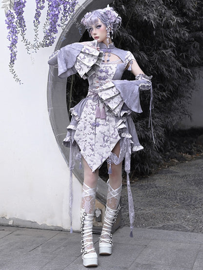 Purple Cheongsam Collar Short Sleeves Top Tassel Charm Decorated