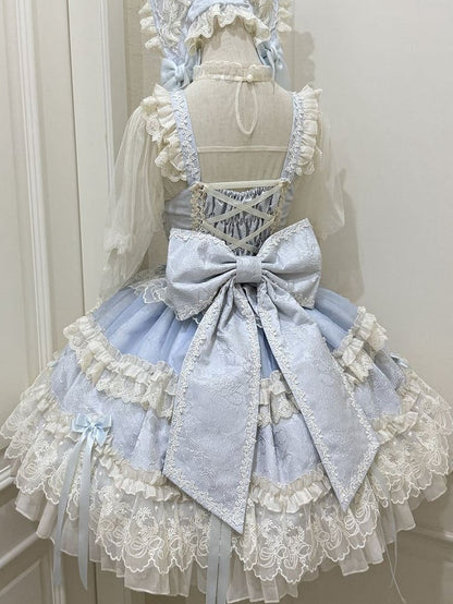 Blue Jacquard Fabric Sweet Bow Accents Dress Lolita Jumper Skirt