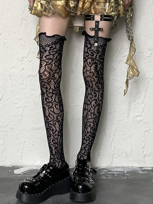 Black Y2K Floral Pattern Rhinestone Overknee Stockings