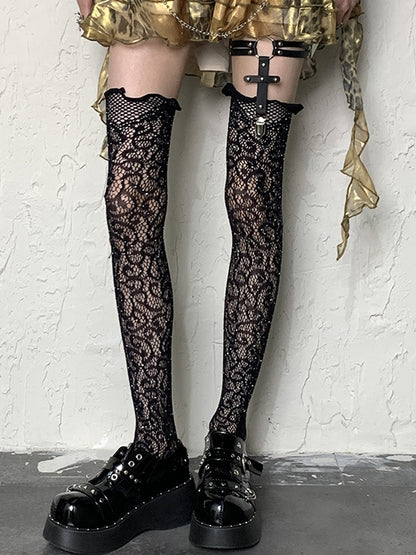 Black Y2K Floral Pattern Rhinestone Overknee Stockings