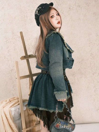 Plus Size Wasteland Punk Y2K Gray-Blue Crop Denim Jacket with Raw Hem