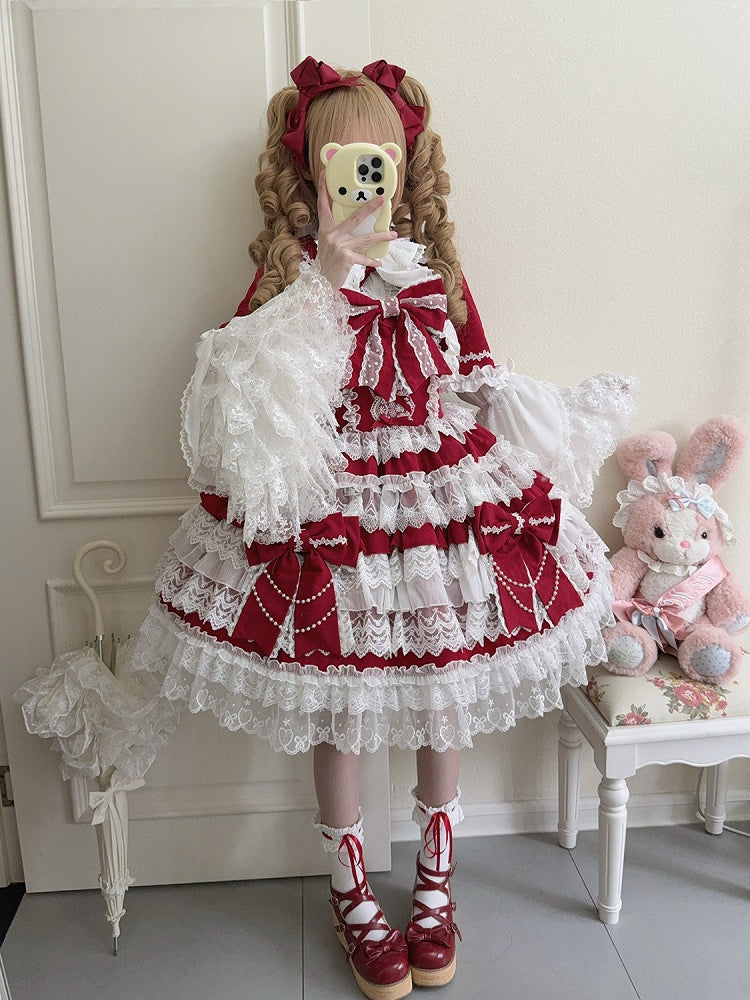 Red Big Bows Decoration Tiered Skirt Hanayome Lolita Dress