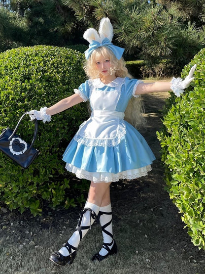 Plus Size Friendly Blue Short Version Maid One Piece + Apron Alice in Wonderland Vibes