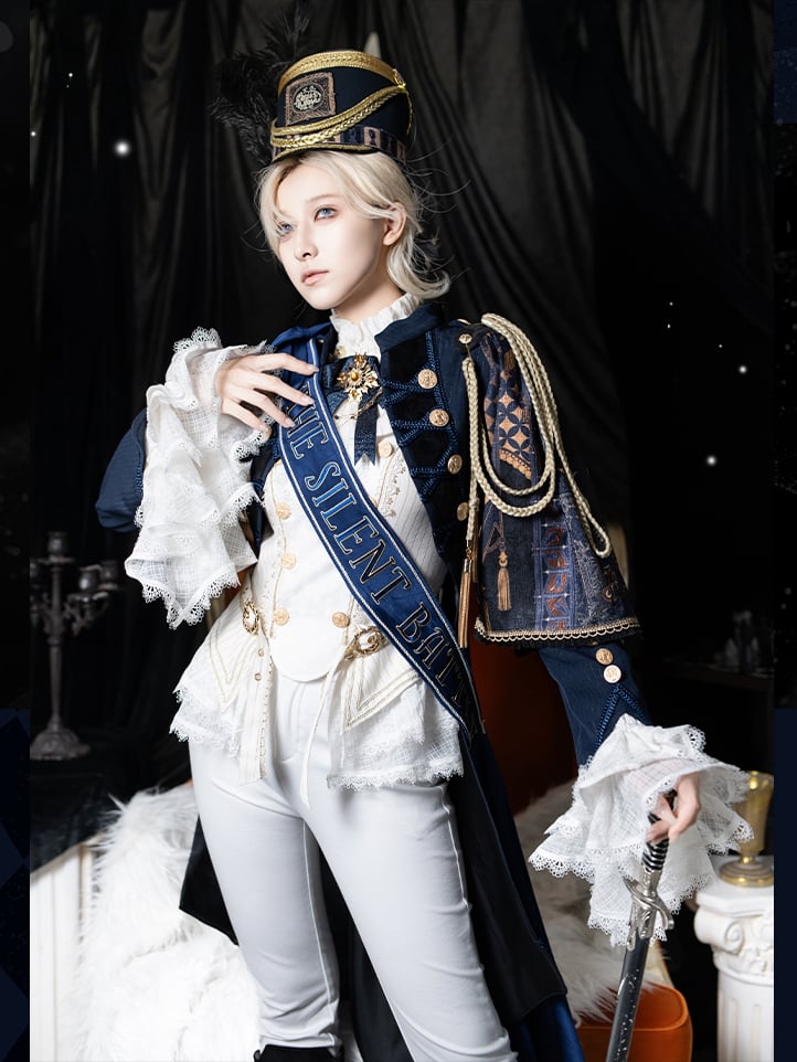 Ouji Fashion Lolita Knight Outfit - White Long Sleeves Top + Dark Blue One-shoulder Cape Tailcoat