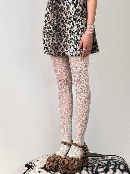 White/Black Hollow-out Design Floral Pattern Tights