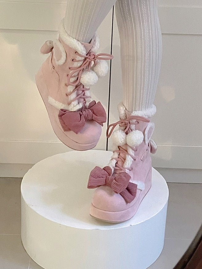 6cm/8.5cm Platform Pink Sweet Style Winter Boots with Heart Patches & Bow Accents