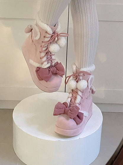 6cm/8.5cm Platform Pink Sweet Style Winter Boots with Heart Patches & Bow Accents