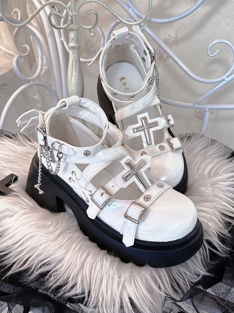 Silver-tone Studs Cross White Platform Chunky Heels Punk Shoes