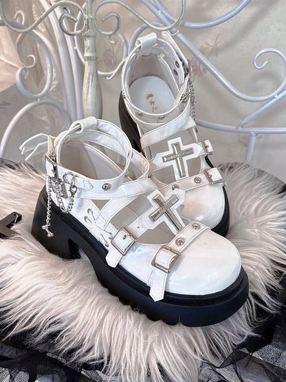 Silver-tone Studs Cross White Platform Chunky Heels Punk Shoes