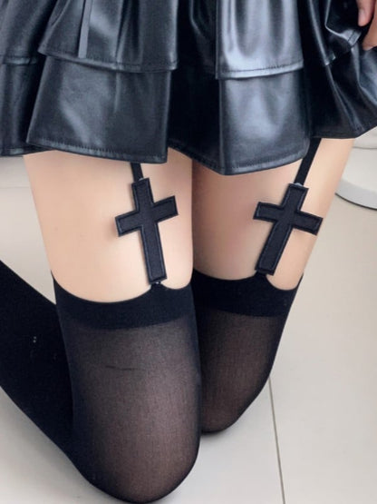 Black/White Gothic Cross Design Suspender Tights