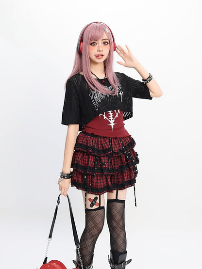 Y2K Red & Black/Black & White Plaid Strap Details Tiered Skirt