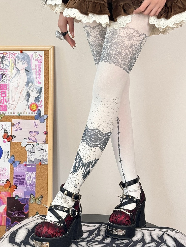 White Guro Kawaii Butterfly Print Tights