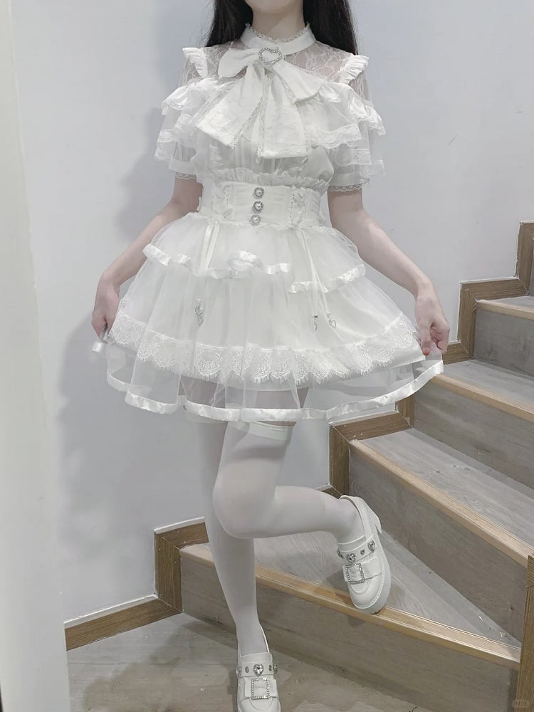 Clearance-Size M for Bust 90CM Jirai Kei White Illusion Neckline Tiered Ruffles Heart Buttons Short Sleeves Blouse with Big Bow