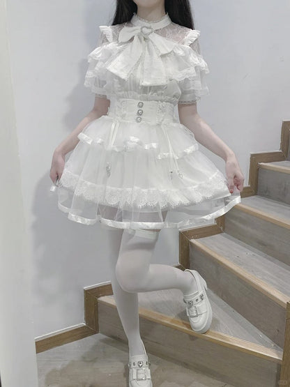 Clearance-Size M for Bust 90CM Jirai Kei White Illusion Neckline Tiered Ruffles Heart Buttons Short Sleeves Blouse with Big Bow